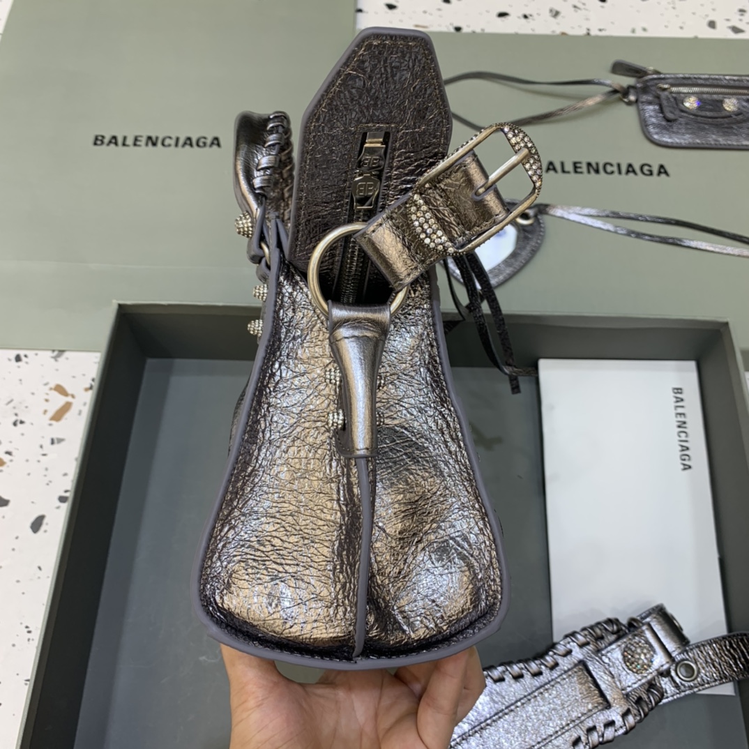 Balenciaga Neo Cagole XS Handbag With Rhinestones Shoulder Bag Silver Gray